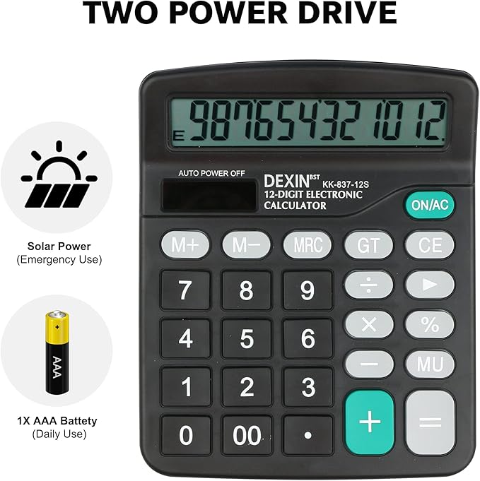 Desk Calculator, Envysun 12-Digit LCD Display Office Calculator – Dual Power, Compact and Lightweight, Easy-to-Read Display, Durable for Business, School, and Home (Gray)