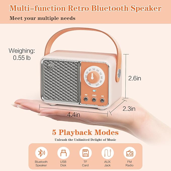 Retro Bluetooth Speaker, Vintage Decor, Wireless Portable Mini Bluetooth Speaker, Small Cute Stylish Vintage Speakers for Kitchen Desk Bedroom Home Office Party Outdoor Gift Orange