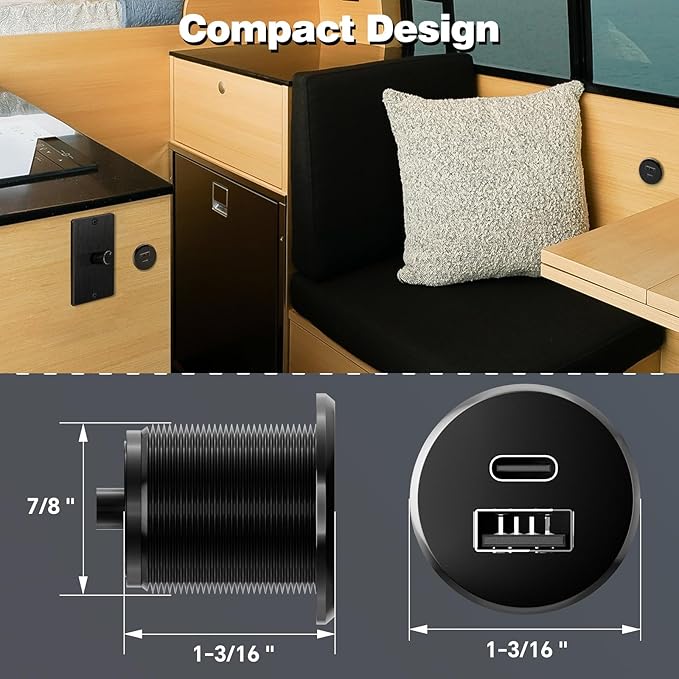 Acegoo RV USB Outlet All-Aluminum Type A + Type C Ports 12V/24V USB Charger, Recessed Mount 24W High-speed Charging Socket, PD3.0 & QC3.0 Fast Charger for Camper Trailer Van Car Boat Golf Cart