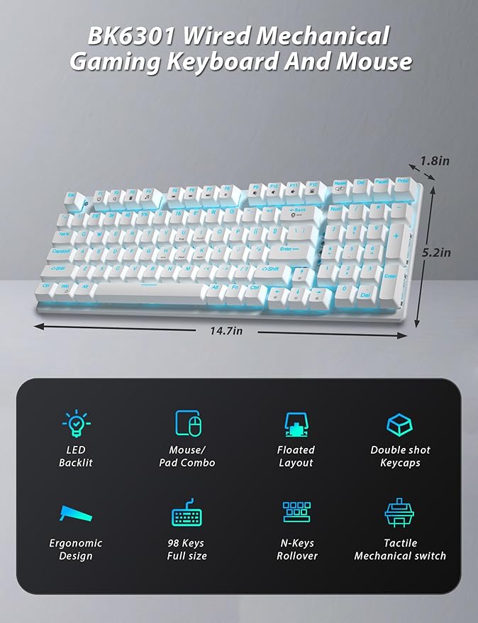 Mechanical Gaming Keyboard and Mouse, 98 Keys LED Backlit Keyboard with Floating Keycap, Ergonomic RGB Gaming Mouse with Mouse Pad Combo, Full Anti-Ghost Wired Keyboard for PC Laptop Gamer, White