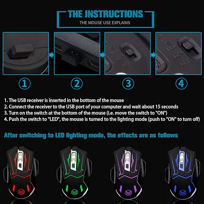 VEGCOO Wireless Gaming Mouse, Silent Click Wireless Rechargeable Mice with Colorful LED Lights & 3-Level DPI Adjustable, 6 Buttons Mouse with Side Buttons & Thumb Rest, Computer Gamer Mouse for PC