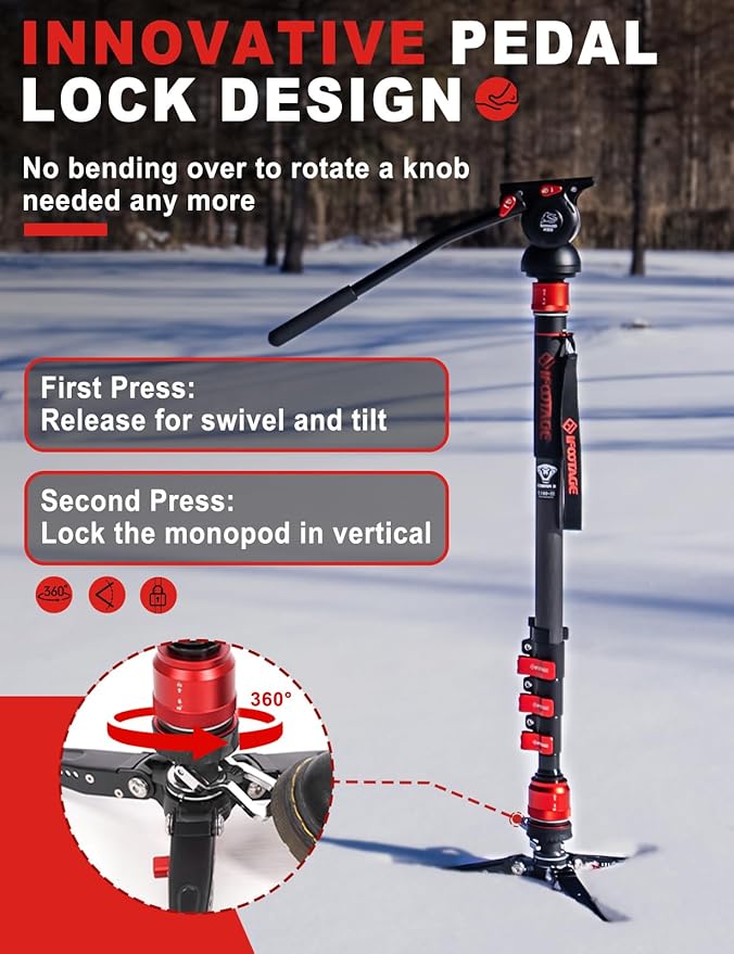 IFOOTAGE Cobra 3 Monopod Camera Stand with Pedal C180F-P, 71" Monopod for Camera Carbon Fiber, Compatible with Sony Canon Nikon DSLR Camera, Payload 17.64Lbs/ 8KG
