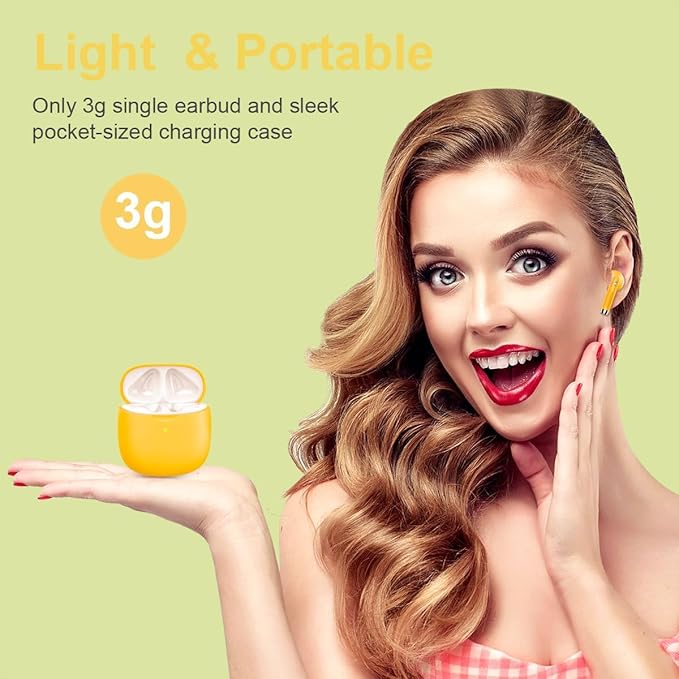 Wireless Earbuds, Bluetooth 5.4 Earbuds Stereo Bass, Bluetooth Headphones in Ear Noise Cancelling Mic, Earphones IP7 Waterproof Sports, 32H Playtime USB C Charging Case Yellow Ear Buds for Android iOS