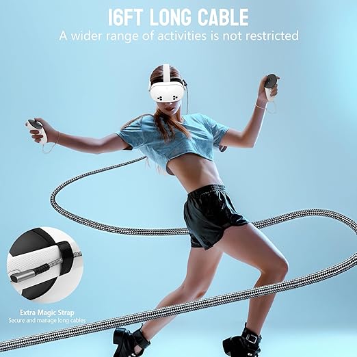 Link Cable for Meta/Oculus Quest 3s/3/2, 16FT Charging Cable Link, Connects Quest 3s and PC, 3 in 1 USB C Charging While Playing All Day, Providing Sufficient Power for VR Headsets (16FT)