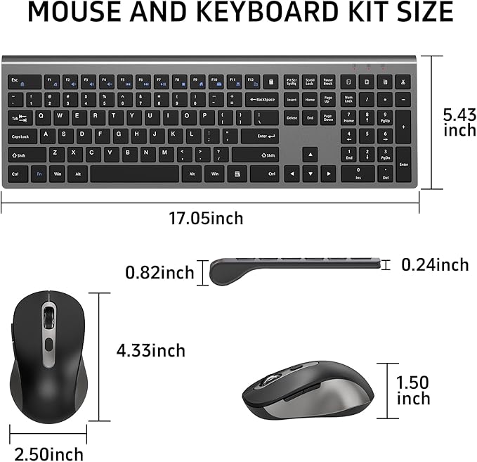 Wireless Mouse and Keyboard Combo, Full-Size Computer Keyboard with Calculator Button, 2400 Dpi Ergonomic Mouse, Ultra-Thin Cordless USB Keyboard and Mouse Set for Laptop Windows Mac - Black Gray
