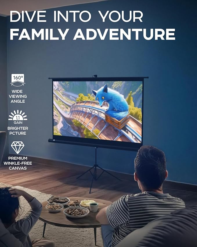 Projector Screen with Stand 60 inch - Indoor and Outdoor Projection Screen for Movie or Office Presentation - 16:9 HD Premium Wrinkle-Free Tripod Screen for Projector with Carry Bag and Tight Straps