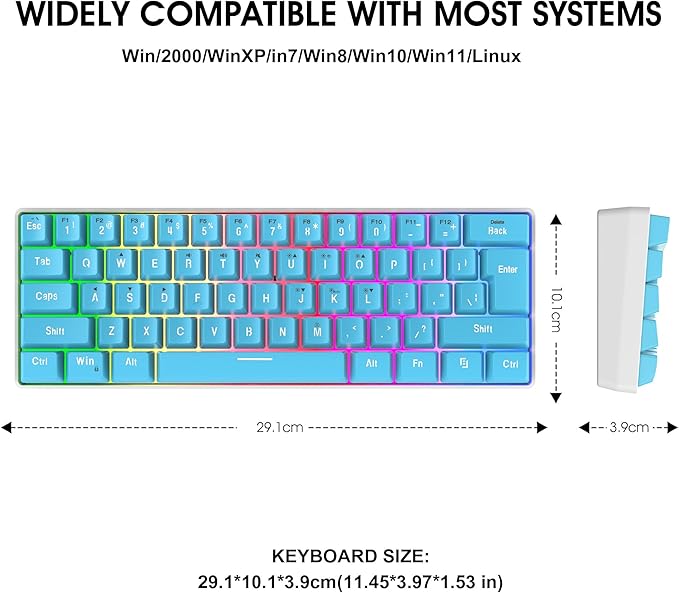 Snpurdiri 60% Wired Gaming Keyboard, Small Ultra-Compact 61 Keys RGB Backlit 60 Percent Gaming Keyboard for PC/Mac Gamer, Typist, Travel, Easy to Carry on Business Trip (Blue)