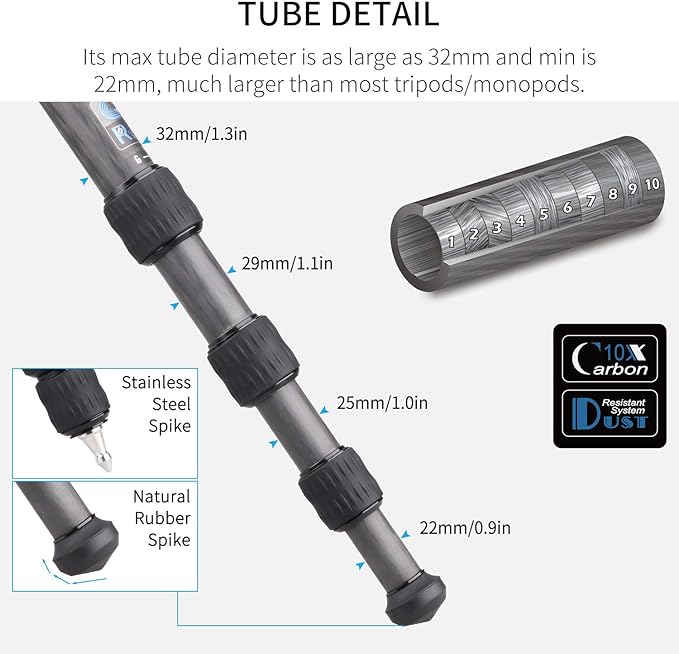 INNOREL ST324CT/ST324CF Carbon Fiber Tripod Max Height 160cm Max Load 30kg Max Tube Dia 32mm Professional Birdwatching Heavy Duty Camera Stand (Rotate Lock)