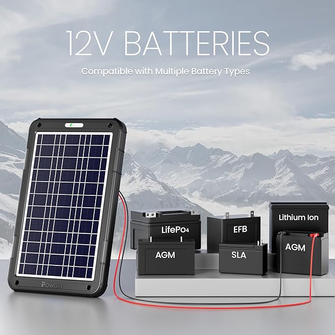 POWOXI 12V Solar Car Battery Charger: 12W Solar Panel Kit Battery Trickle Charger Maintainer with Smart PWM Controller for Car - RV Boat Marine Motorcycle - for Trailer Truck Snowmobile Tractor