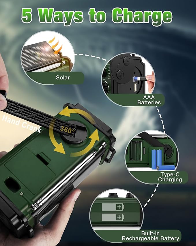 10000mAh Emergency Radio, Solar Radio, Hand Crank Radio, NOAA AM FM Weather Radio, 4 Charging Methods, Polymer Battery, Flashlight & Reading Lamp, SOS Alarm, Phone Charger for Emergency