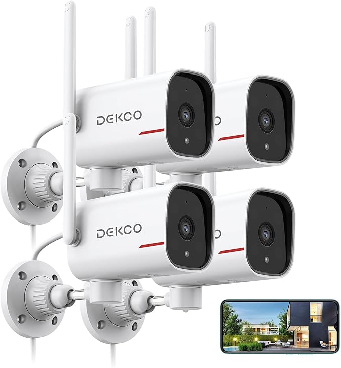 DEKCO Home Camera Outdoor 2K Pan Rotating 180° Wired Outdoor Security Cameras with Color Night Vision, 2.4G WiFi, AI Human Auto Tracking, Work with Alexa/Google Assistant (4 Pack)