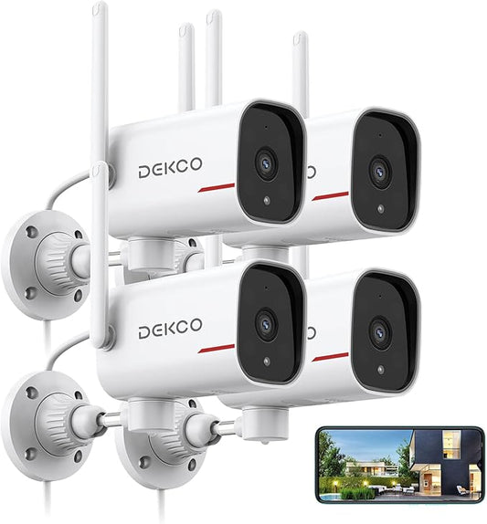 DEKCO Home Camera Outdoor 2K Pan Rotating 180° Wired Outdoor Security Cameras with Color Night Vision, 2.4G WiFi, AI Human Auto Tracking, Work with Alexa/Google Assistant (4 Pack)