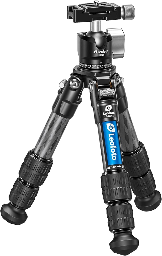 Leofoto LS-223CX+LH-25 Travel Tripod, Tabletop Tripod, Ranger Series, Carbon Fiber, 3 Leg Sections, Lightweight, Ball Head Set