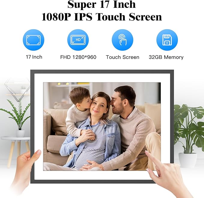 17" Large-Digital-Picture-Frame WiFi Photo Frame - 1280*960 FHD Touchscreen Digital Frame, Full Function, Auto Rotate, Wall Mounted, Free Cloud, Sharing Phoro and Video via App Email, Gift for Mother