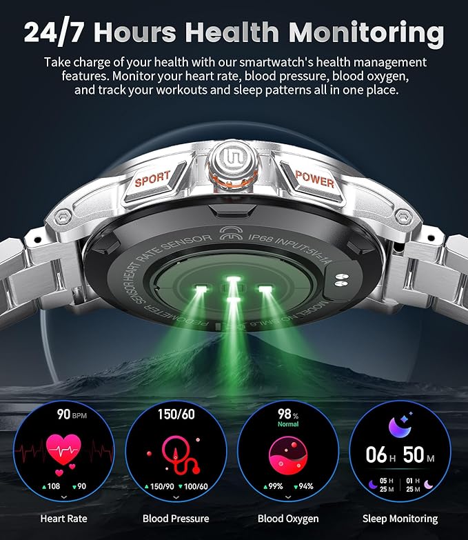 Military Smart Watch for Men(Answer/Dial Calls),1.46'' AMOLED Touchscreen/120 Sports Modes/5ATM Waterproof Fitness Watch with Heart Rate/SpO2/Blood Pressure/Pedometer for Android/iOS Smartwatch Silver