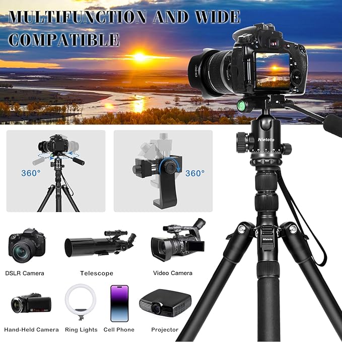 2 in1 Tripod for Camera & Hunting Tripods, 68" Camera Tripods & Monopods with Removable Handle, Aluminum Rifle Tripod & Shooting Stand, Heavy Duty Tripods for DSLR,Canon,Nikon,Sony, Extra Carry Bag