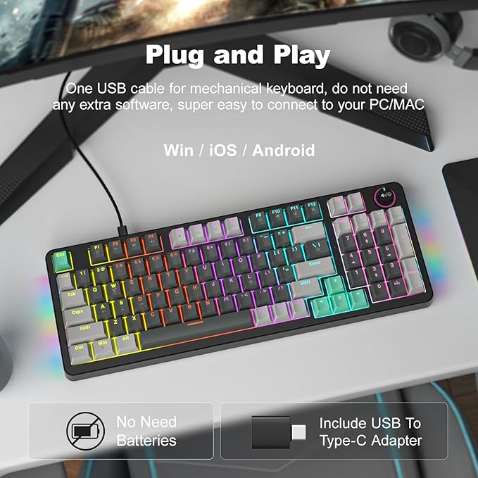 GEEZER Mechanical Gaming Keyboard with LED Backlit, Blue Switch, Volume Knob, 96 Keys Full Size Compact USB Wired Computer Keyboards for Office Windows Laptop PC & Mac Gamer - Grey & Black