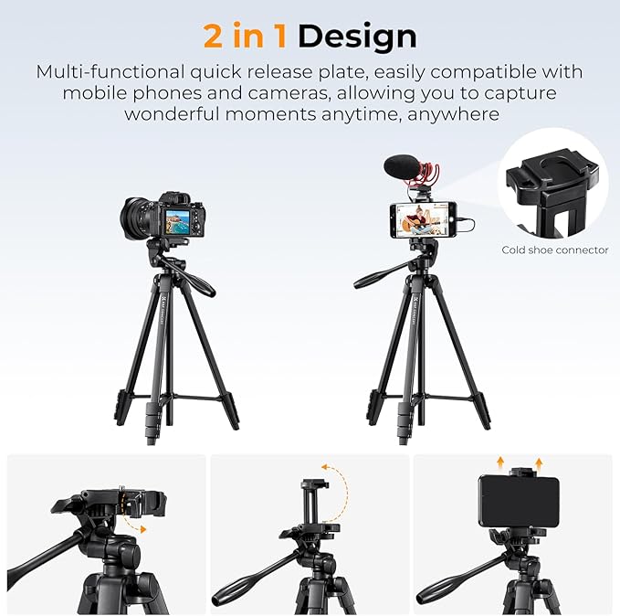 K&F CONCEPT 60'' Portable Travel Tripod, 1.34 lbs Ultra Lightweight with Remote and Cellphone Holder, 360° Panorama, Cold Shoe Interface, Portable for Travel - B174A1