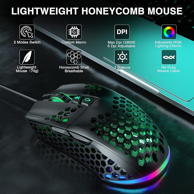 RGB Wired Gaming Mouse with Honeycomb Shell,Adjustable 12800 DPI,7 Programmable Buttons,Lightweight Gaming Mice Ergonomic Computer Mouse Gaming for Windows/PC/Mac/Laptop Gamer