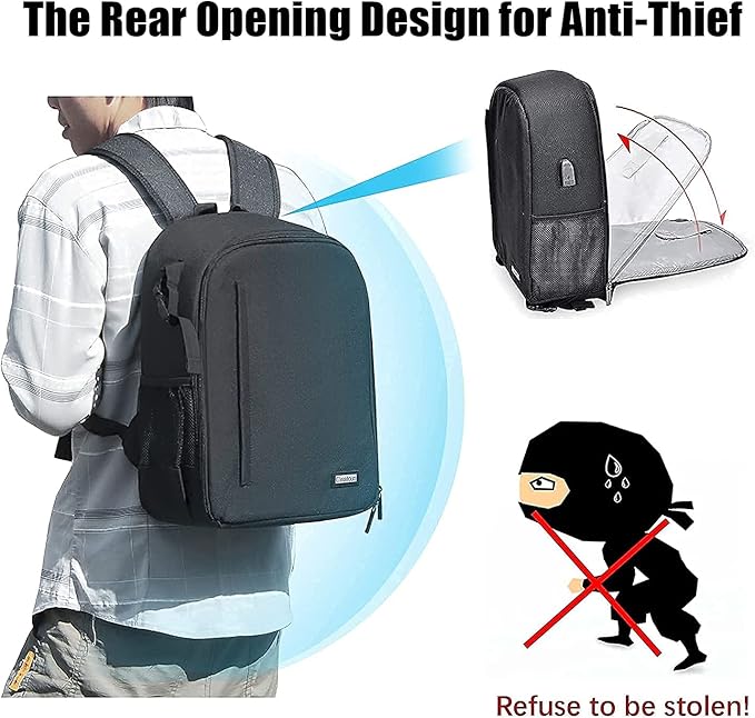 Cwatcun Camera Backpack with USB,Rain Cover,fit 15.6" Laptop,Anti-Theft Rear Open Camera Bag,Waterproof Camera Case with Tripod Straps for Canon Nikon Sony DSLR SLR Photography Bag Unisex(III-L-Black)