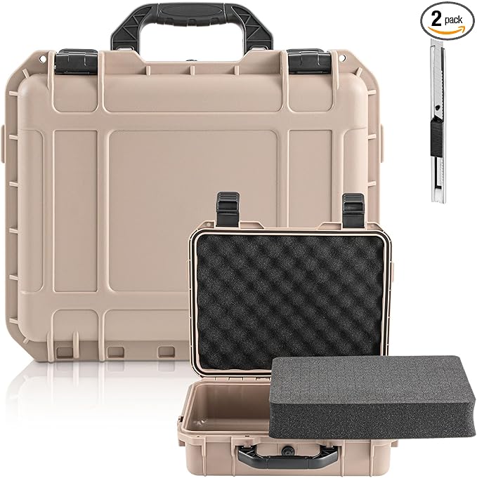 16.3 x 12.4 x 6.5 Inch Waterproof Hard Case with DIY Customizable Foam Insert Portable Protective Case with Knife for Camera Drones Equipments Tools Test Instruments (Tan)
