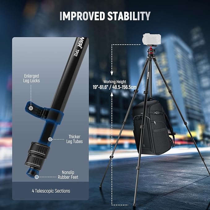 NEEWER Basics Travel Tripod for Camera, Compact Lightweight Portable DSLR Cam Stand with Ball Head, Arca Type QR Plate, Cell Phone Holder Compatible with iPhone Video Recording, Max Load 11 lbs, TP12