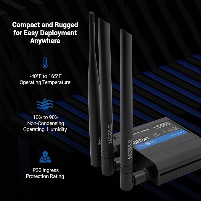 Teltonika RUT241 Industrial Cellular WiFi Sim Router - 4G LTE (Cat 4), 3G Connectivity - Wireless Access Point with Hotspot Functionality - RMS Compatible, Automatic WAN Failover (TELRUT241098000)
