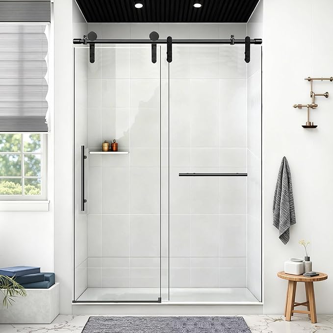 50-54" W x 76" H Frameless Shower Door Bathroom Sliding Shower Door 5/16"(8mm) Thick Tempered Glass Shower Door with Double Stainless Steel Handles for Walk-in Shower, Matte Black