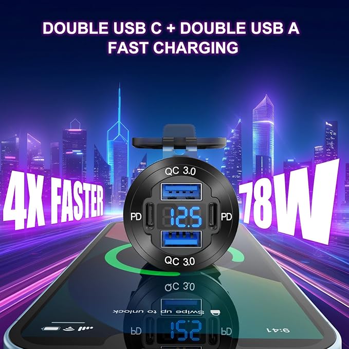 Upgraded 4 Port 12V USB Outlet Aluminum Charger, 78W Dual PD & QC Multiple USB Port for Car, USB C Cigarette Lighter Replacement 12 Volt Socket with Voltmeter Waterproof for Marine Boat Motorcycle RV