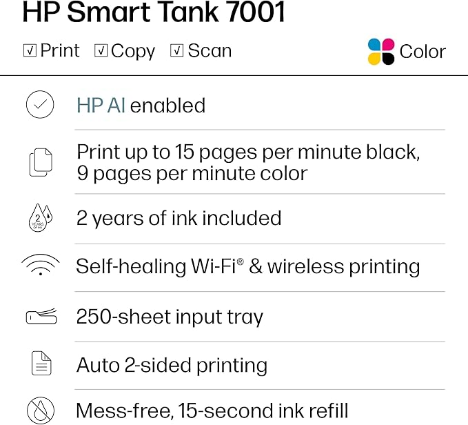 HP Smart Tank 7001 Wireless All-in-One Ink Tank Printer, Scanner, Copier with 2 years of ink included, Best-for-home office, Refillable, AI-enabled (28B49A)