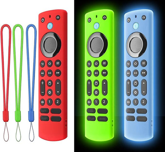 [3 Pack] Climberer Firestick Pro New Cover - Fire TV Voice Remote Pro2025- Shockproof Silicone Protective Case for Improved Grip and Durability (Fluorescent Green + Blue)+ red