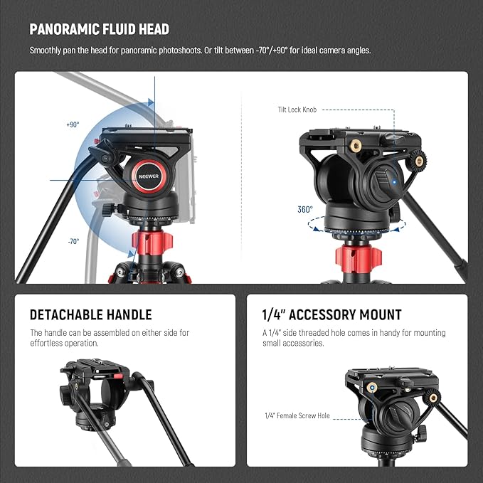 NEEWER 72" Fluid Head Video Tripod Monopod, Aluminum Alloy QR Plate Compatible with DJI RS Gimbal, 360° Pan & +90°/-70° Tilt for DSLR Camera Camcorder, Max Load 13.2lb/6kg, TP72A