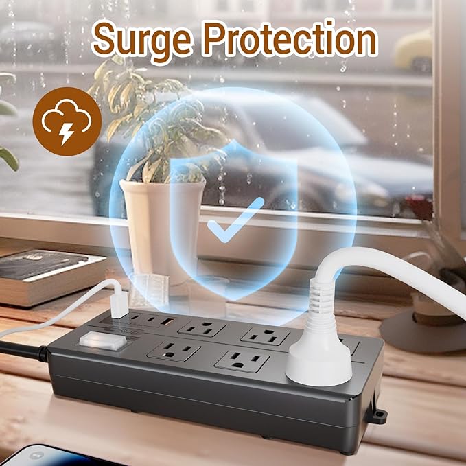 VNJ Outdoor Power Strip with 6AC Outlets + 4USB Ports, IPX6 Waterproof Surge Protector, Safety Lock Design and ETL-Certified Cables, 15FT Extension Cord for Home, Garden, and Commercial Use