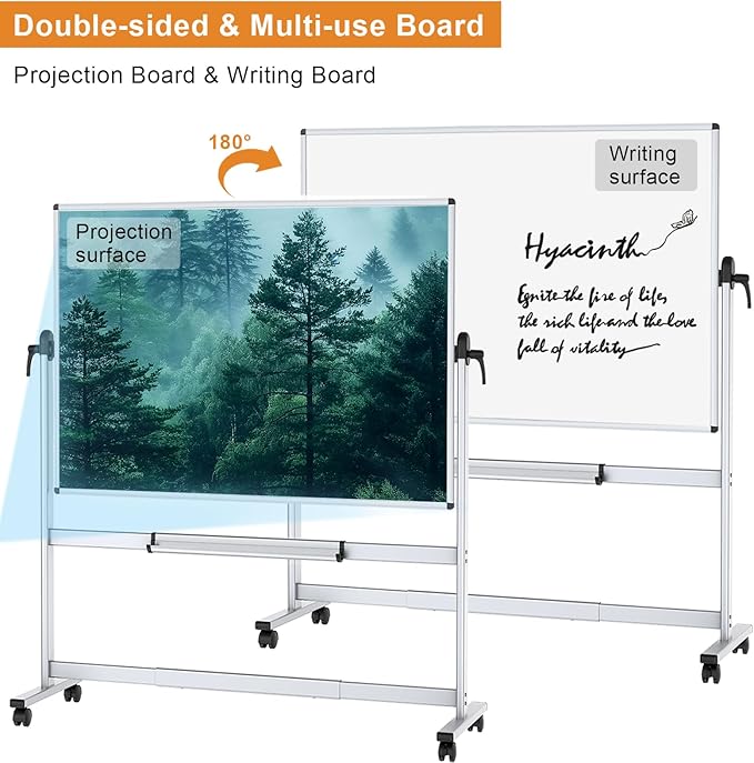 VIZ-PRO Double-Sided Mobile Projection Writing Whiteboard, 72 x 48 Inches, Large Magnetic Rolling Dry Erase Board & Projector Screen with Aluminium Stand