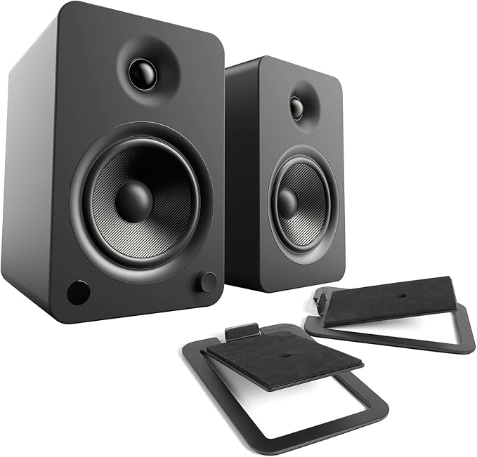 Kanto YU6 Wireless Bluetooth Powered Speaker Bundle with Kanto S4 Desktop Stands - Matte Black Speakers, Black Stands