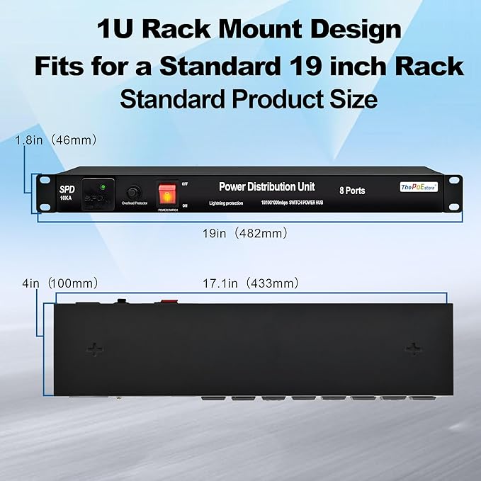 1U PDU Rackmount Power Strip with 8 NEMA 5-15R Outlets & 5-Port Gigabit Ethernet Switch, 15A 100-250V,10KA SPD 3600J Surge Protection, 6ft Cord, ETL Listed, Ideal for Server Racks & Networking