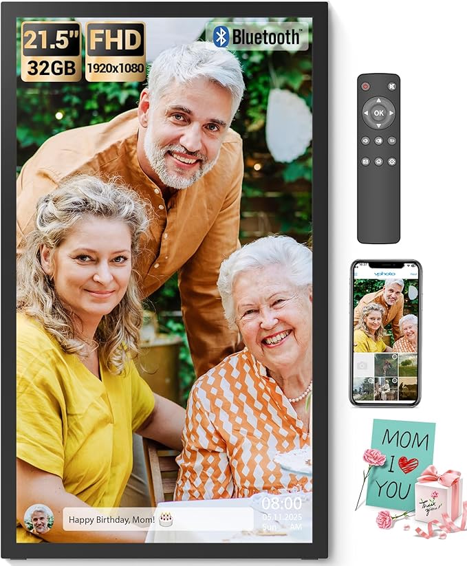 BSIMB Large Digital Picture Frame 21.5 Inch, 1920x1080 FHD WiFi Digital Photo Frame Electronic 32GB Remote Control, Share Pictures/Videos via App/USB/SD Easy Setup Gifts for Mom(Non-Touch), Black