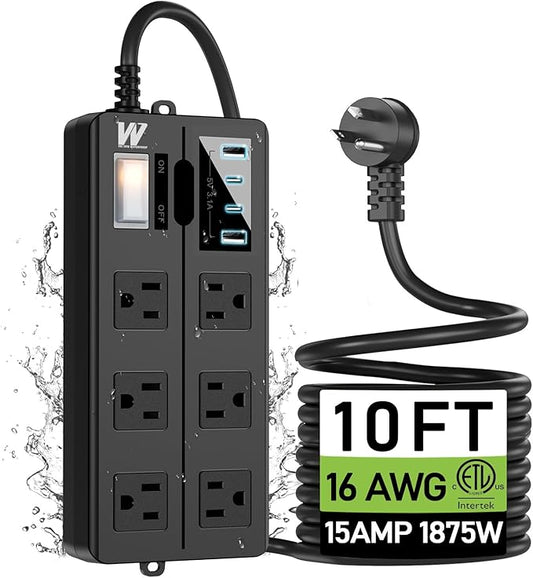 VNJ Outdoor Power Strip with 6AC Outlets + 4USB Ports, IPX6 Waterproof Surge Protector, Safety Lock Design and ETL-Certified Cables, 10FT Extension Cord for Home, Garden, and Commercial Use