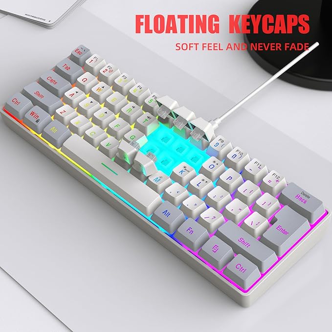 Snpurdiri 60% Wired Gaming Keyboard, 61 Keys RGB Backlit Small Gaming Keyboard for PC/Mac Gamer, Typist, Travel, Easy to Carry on Business Trip(Grey-White)