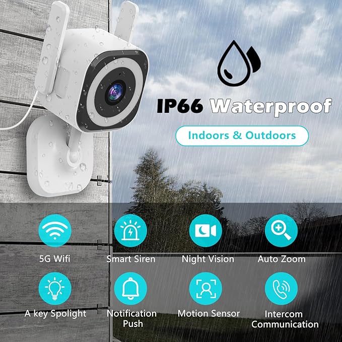 5G Outdoor/Indoor Security Camera,3MP Baby Monitor Cameras for Bedroom/Elder/Dog/Pet Camera,IP66 Waterproof,Night Vision, Motion Detection, Alarm Siren, Two-Way Talk, SD/Cloud -2Pack