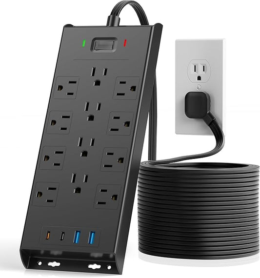 Surge Protector Power Strip 4800J, LeZone 15Ft Long Extension Cord Flat Plug, 12 Outlets 2 USB C 2 USB Ports, Wall Mountable, 20W Desk Charging Station, Black