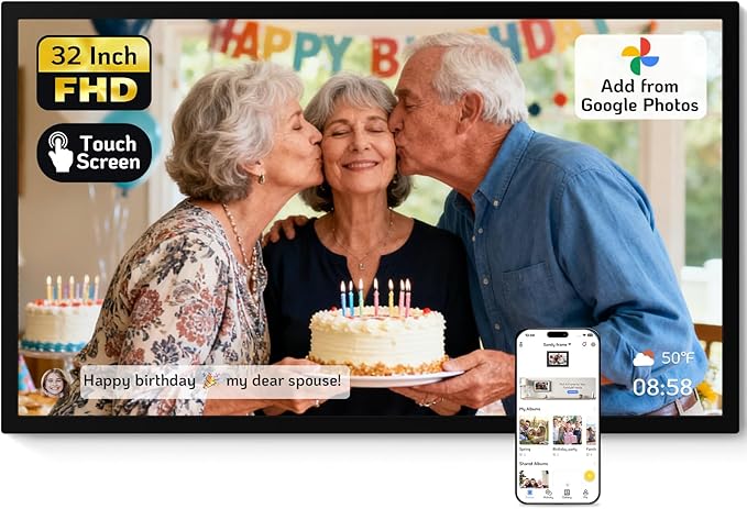 NexFoto 32 Inch Touchscreen Large Digital Picture Frame, 64GB FHD WiFi Digital Photo Frame, Add Photos from Google Photos, Easy to Share Videos, Send Greeting, Gifts for Housewarming, Black