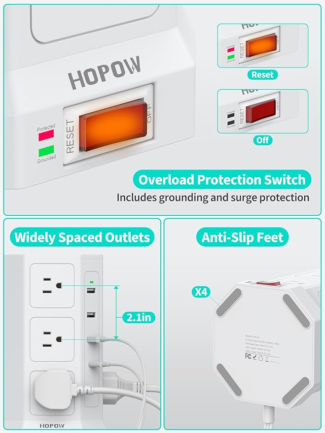 Surge Protector Power Strip - 12 AC Outlets & 5 USB (2 USB C), 1875W/15A, 1700J Surge Protector Tower, Extension Cord with Multiple Outlets, 6.5FT Charging Station for Home Office Dorm