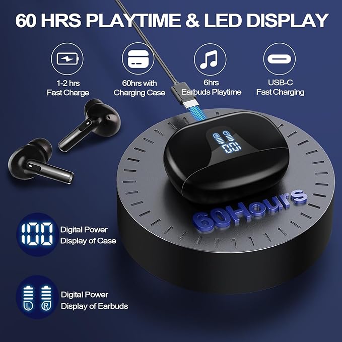 Wireless Earbuds with Screen, Bluetooth 5.4 Head Phones, 48H Playtime, Touch Control HiFi Stereo True Earphones in Ear,Ear Buds Headphone for iPhone,andriod and Phone,Ear Buds for Sports/Workout