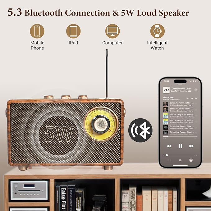 FREEFISH Portable Retro Speaker Bluetooth Radio Vintage Decor with FM Radio Rich Bass Bluetooth Speakers 5.3 Wireless Connection,TF Card, AUX for Home Office Bedroom