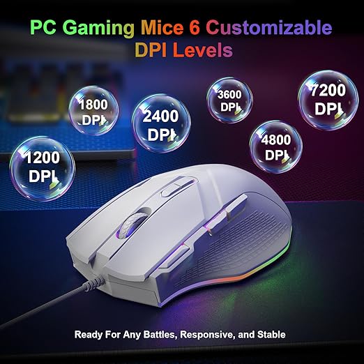LEWENTECH Gaming Mouse 6 Adjustable DPI Up to 7200 Wired PC Gaming Mouse 8 Programmable Buttons 13 Adjustable RGB LED Modes 1.5 M Drag-Free Paracord Ergonomic Mouse Windows/PC/Mac/Laptop (White)
