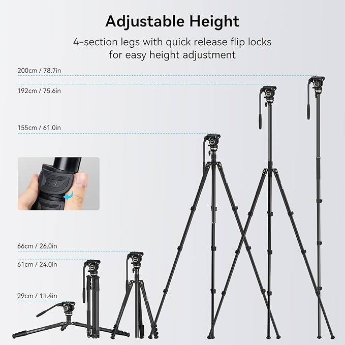 SmallRig CT210 Video Tripod, 75" Video Camera Tripod Monopod with +/-15° Leveling Base Fluid Head, Professional Camera Tripod Compatible with Video Camera, DSLR, Camcorder-4475
