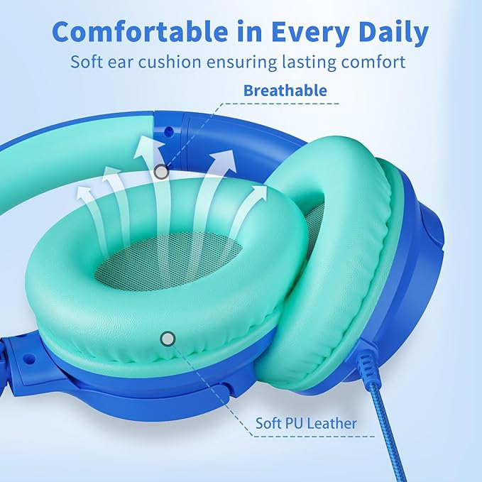 Wired Headphones with Microphone, Over Ear 3.5mm Plug in Headphones with 4.9ft Tangle-Free Nylon Cord for Tablet, Laptop, MP3/4, School, Airplane Travel (Blue)