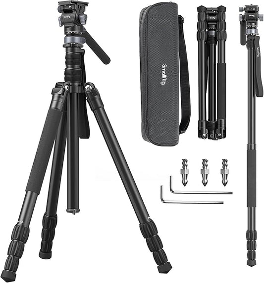 SmallRig CT190 Professional Video Tripod, 72" Camera Tripod with Leveling Base, Monopod Conversion, Video Tripod for Travel, Video and Vlogging, with Carry Bag, Load up to 8.8 lbs/4 kg - 4319