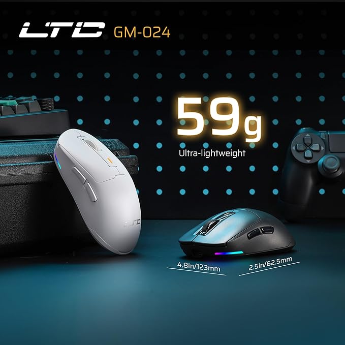 LTC GM024 Tri-Mode Wireless Gaming Mouse, 59g Ultra-Light Ergonomic Gaming Mouse 2.4Ghz/BT/Wired, 6-Level DPI 4800 Max, 1000Hz, 5 Programmable Buttons, Pro Software